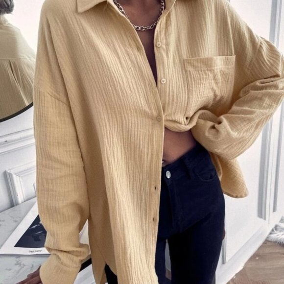 Casual Textured Pocket Patched button down Blouse khaki - Picture 4 of 7